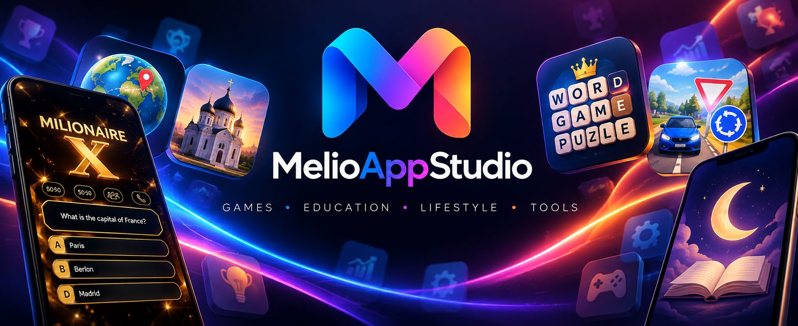 MelioAppStudio logo surrounded by the studio's app icons: games, education, lifestyle and tools